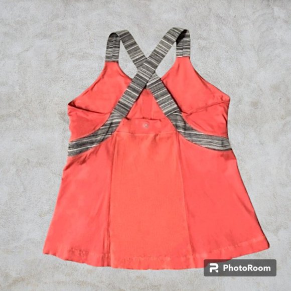 Cute Lululemon Coral Orange Push Your Limits Tank with Grey Stripe Straps - Picture 2 of 6